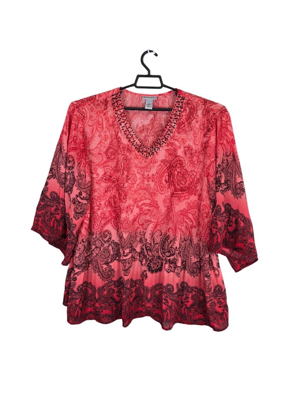 Womens Maggie Barnes Catherines Red & Black Paisley Top V-Neck 3/4 Sleeve 3X